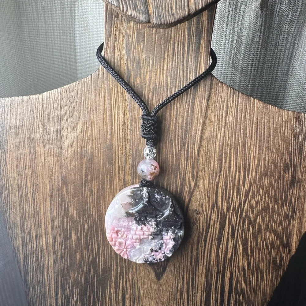 Icy Rhodonite Landscape and Flowers Pendant Necklace on Black Adjustable Rope - Picture 6 of 16